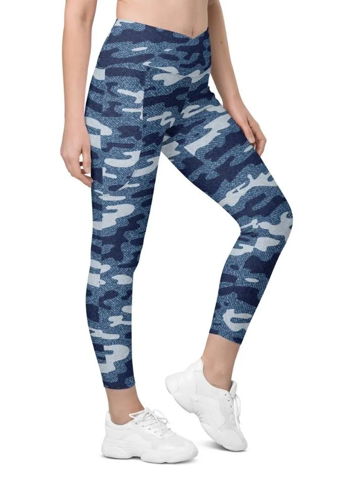 Denim Camo Print Crossover Leggings With Pockets