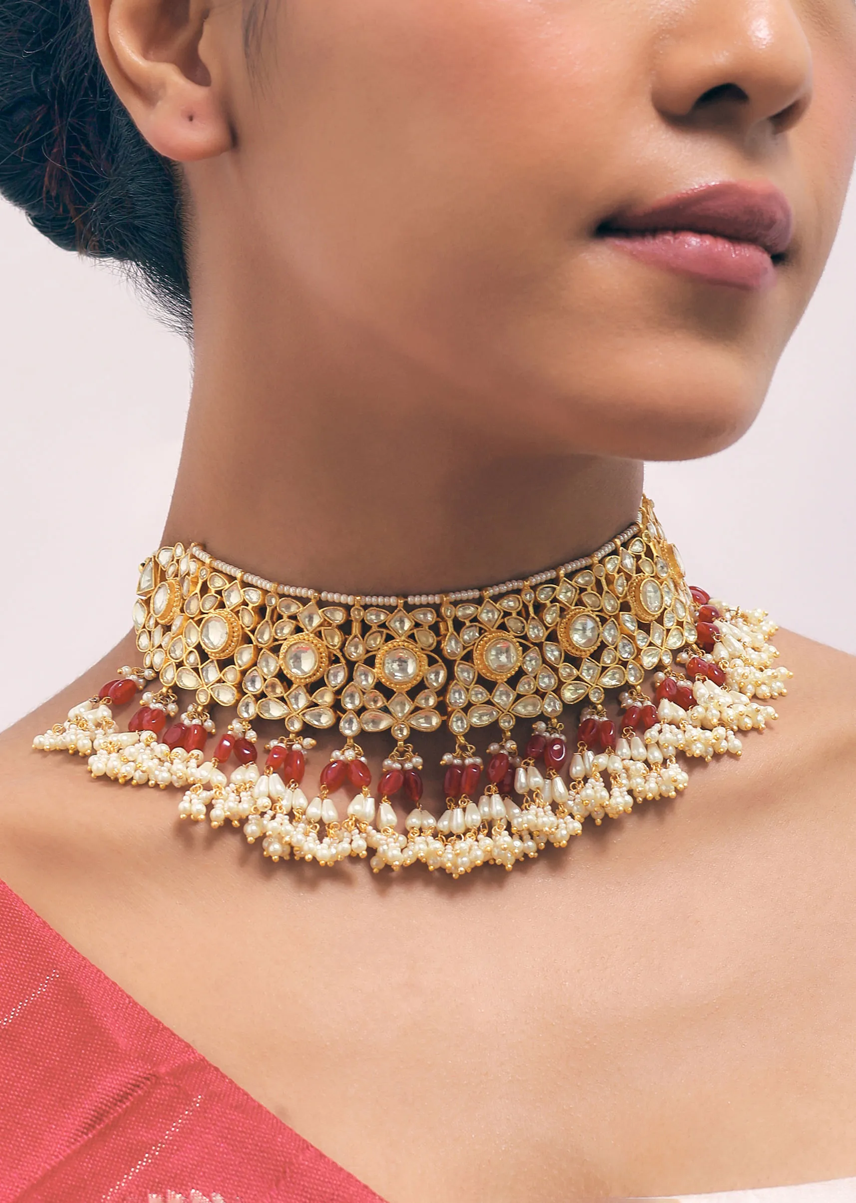 Gold Finish Ruby Stone Choker Set With Kundan Work