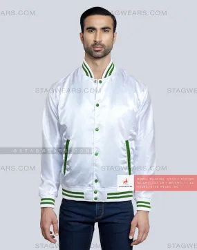 White Satin Baseball Jacket with Green pockets and Knit lines